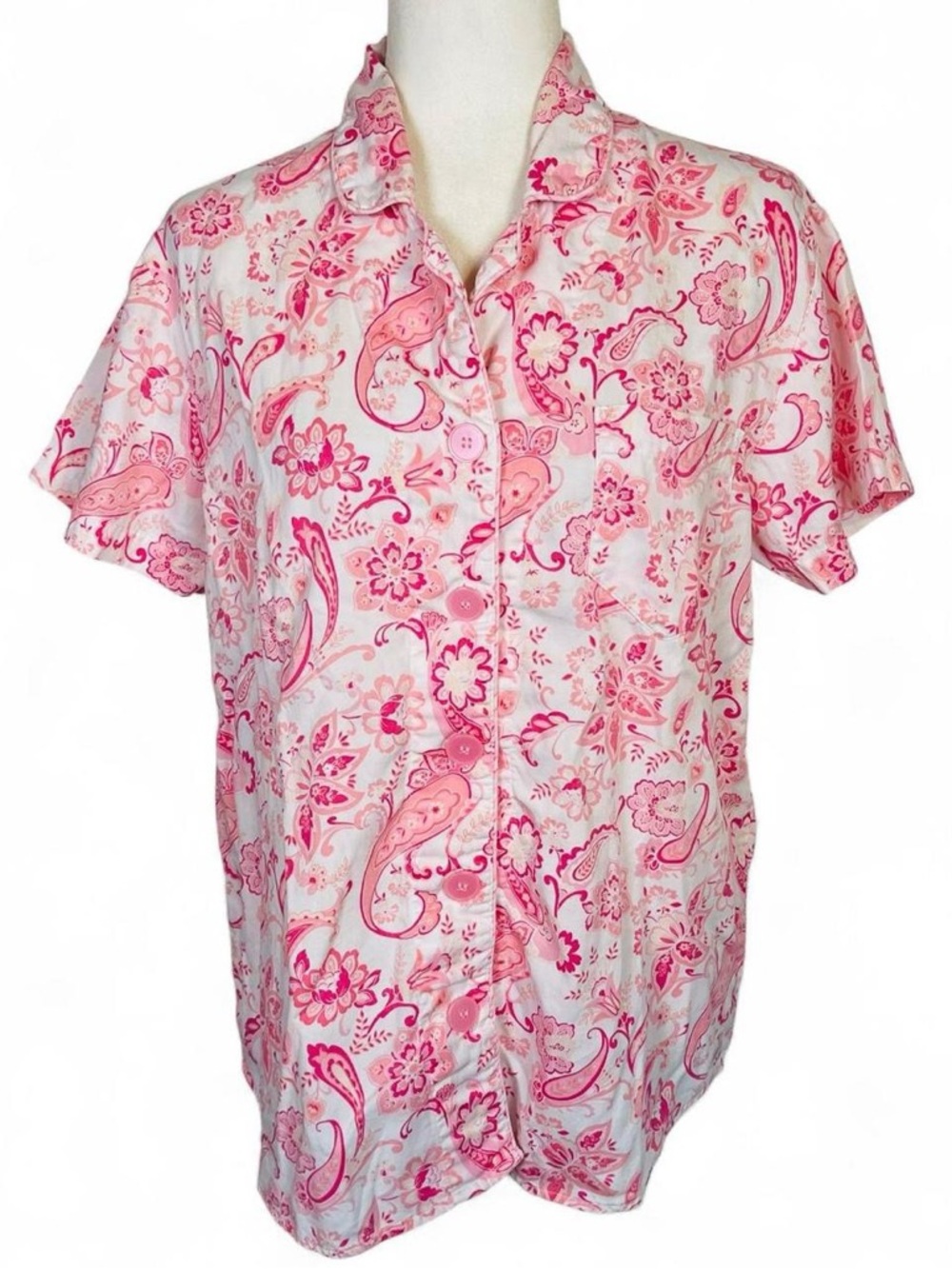 Y2K Adonna Size Large L Button Down Pajama Top Shirt Pink White Paisley Pocket